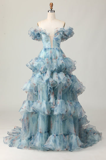 Robe de bal trapèze à volants et épaules dénudées à fleurs bleues